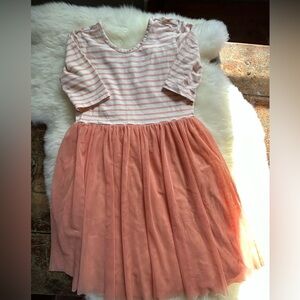 Hanna Anderson ballet striped tulle dress scoop neck sz 130 US 8 peach apricot
